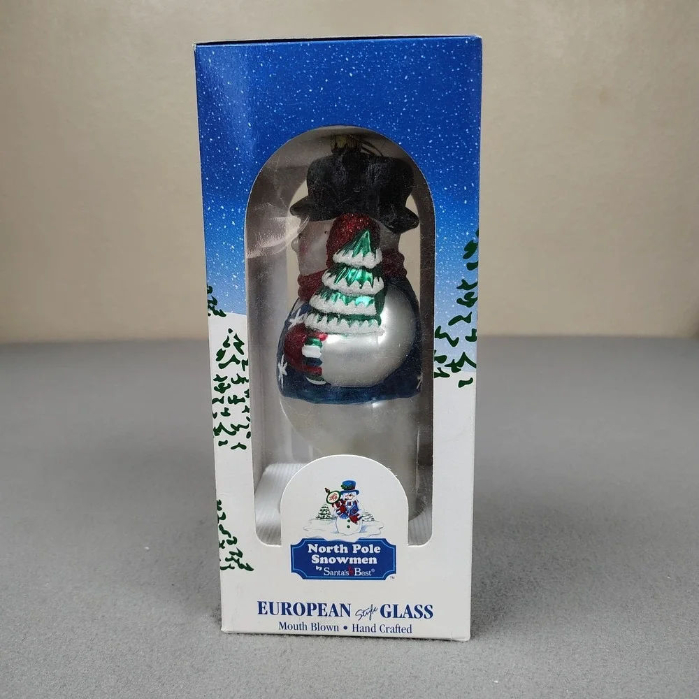 SANTAS BEST Jumbo Snowman Christmas Tree Ornament Mouth Blown Glass Hand Crafted